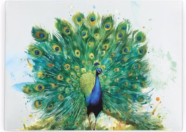 Purely Home Majestic Peacock Rectangular Smooth Glass Worktop Protector and Kitchen Chopping Board in Green and Multicolour