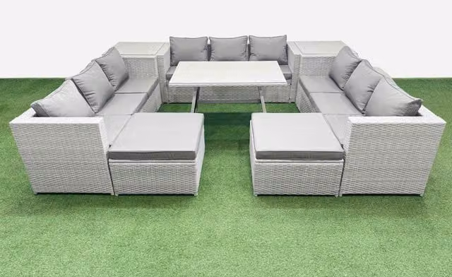 Fimous 11 Seat PE Rattan Garden Furniture Set with 2 Side Tables and 2 Stools in Light Grey