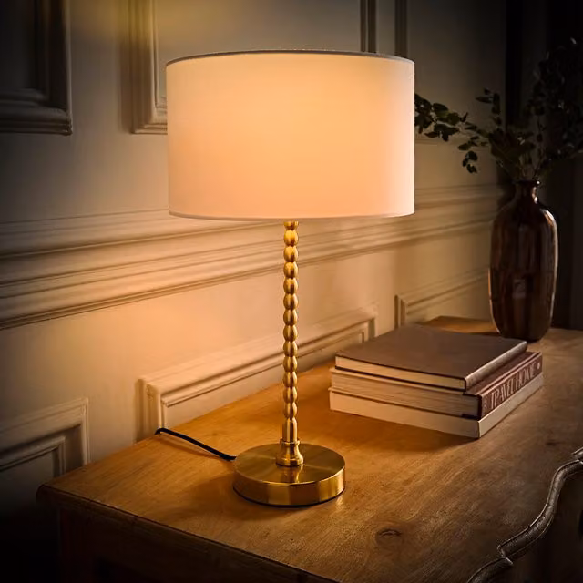 Maeve Brushed Gold Bobble Table Lamp with White Fabric Drum Shade and LED Bulb