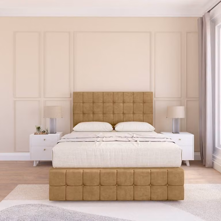 Sloomy Berlin Chesterfield Divan Bed Base with 54 inch Floor Standing Headboard and 12 inch Footboard, Brown Fabric, W/D/H: 90 x 200 cm, Single