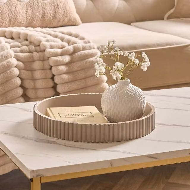 OHS Ribbed Round Decorative Tray Tabletop Organiser in Beige – 1