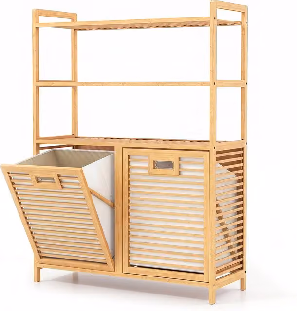 Costway Scandinavian Bamboo Freestanding Laundry Sorter with Hinged Doors and Internal Shelves in Beige and Brown