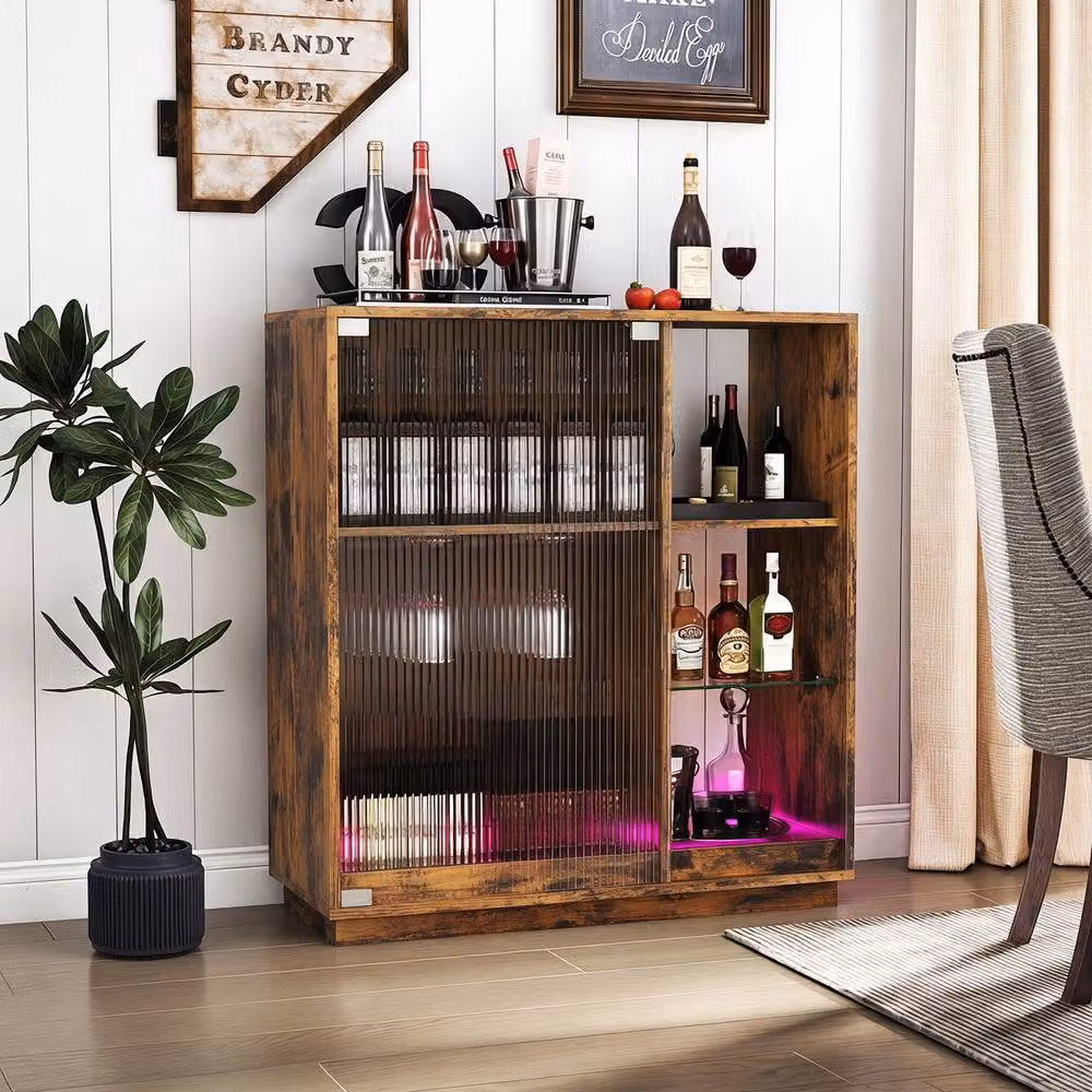Costway Modern Brown Wine Bar Cabinet with Integrated LED Lights and Glass Doors – 4