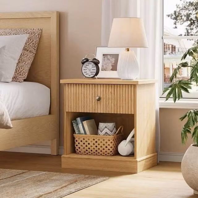 London Boutique Modern Fluted Bedside Cabinet with Drawer and Shelf in Sand – 1