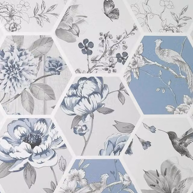 Arthouse Chinoise Decoupage Blue Birds Floral Geometric Patchwork Wallpaper in Blue, Silver, White and Grey