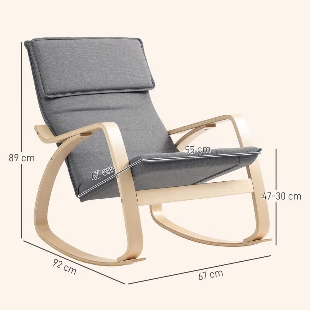 STILVORA Grey Linen Upholstered Rocking Chair with Solid Birch Wood Frame and Armrests – 2