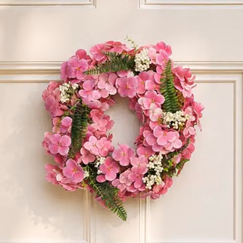 Botanik Pink and Green Artificial Hydrangea Floral Blossom Wreath, Diameter: 40 cm – 1