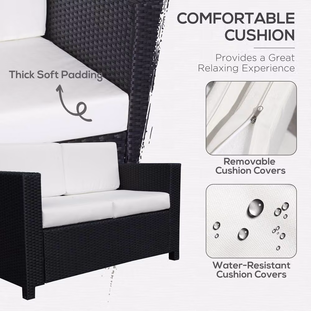 ERGOVEXA 2 Seater Rattan Garden Sofa in Black with Upholstered Cushions and Powder Coated Steel Frame – 4