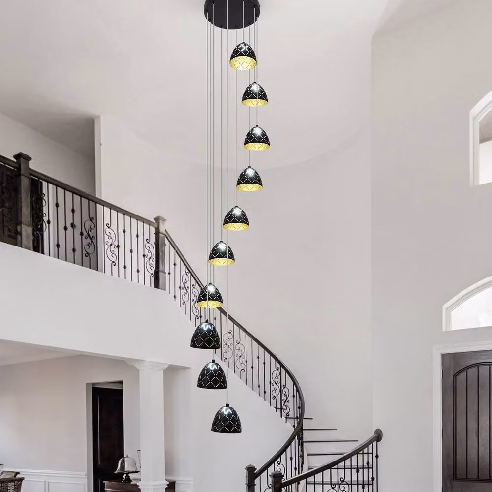 NIVOR 10-Light LED Dimmable Adjustable Pendant Chandelier in Black and Gold/Brass for Staircases, Living Rooms, Kitchens and Dining Rooms – 7