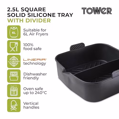 Tower T843095 Square Silicone Air Fryer Tray with Divider, 2.5L, Black – 2