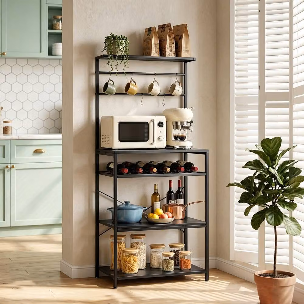 STILVORA Black Metal Storage Shelf with Wine Rack and 6 Hooks – 2