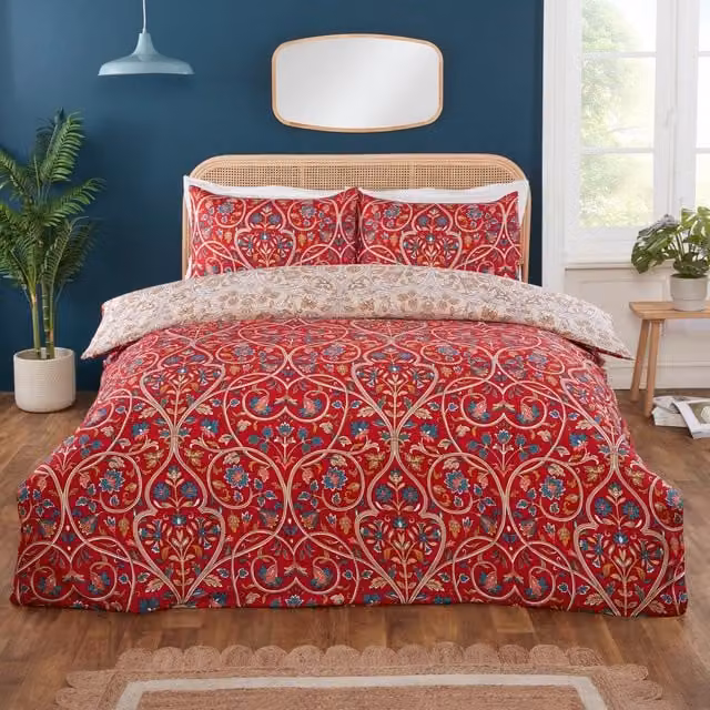 Rapport Home Harrow Red Floral Reversible Microfibre Duvet Cover and Pillowcase Set, W/D/H: 90 x 200 cm