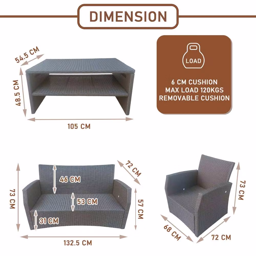 FURNITURE ONE 6 Seater Rattan Garden Furniture Set with Coffee Table in Brown and Beige – 3