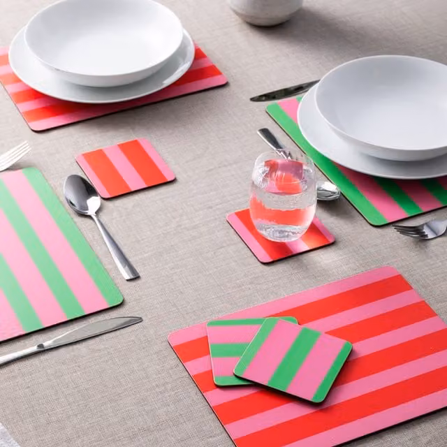 Creative Tops Pink and Green Striped Cork Placemat and Coaster Set