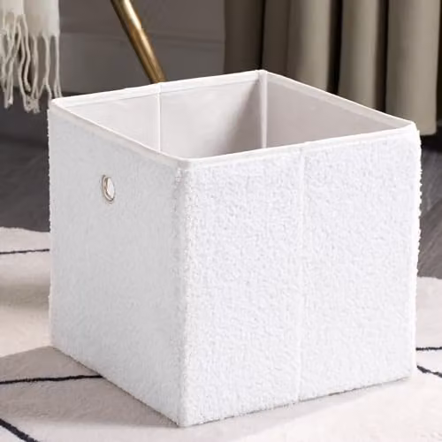 OHS Pack of 6 White Teddy Boucle Foldable Storage Cube Boxes with Handles – 4