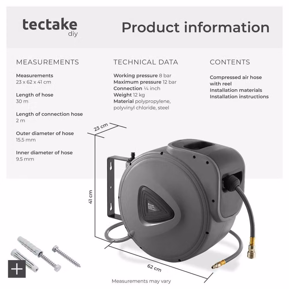 tectake Wall Mounted Compressed Air Hose Reel in Grey, 30m – 6