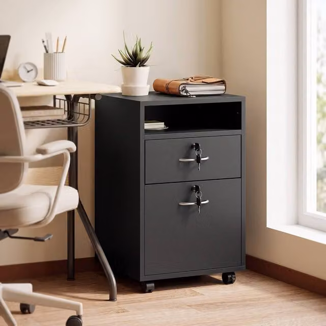 STILVORA Black Filing Cabinet with Drawer, Lock and Castors, Width: 60 cm