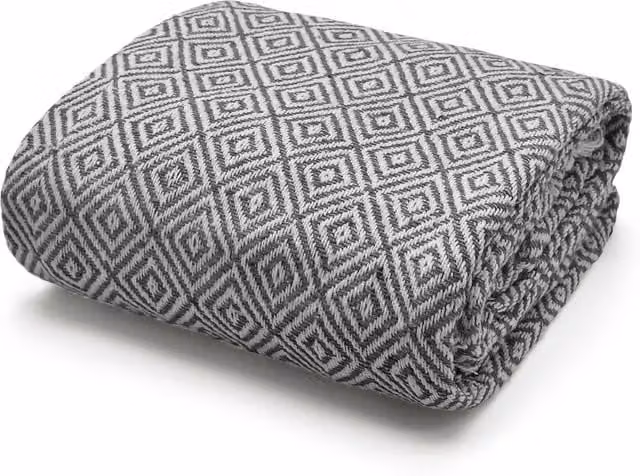 Velosso Woven Cotton Indian Diamond Pattern Throw with Fringes, Anthracite Grey, W: 178 cm, L: 254 cm