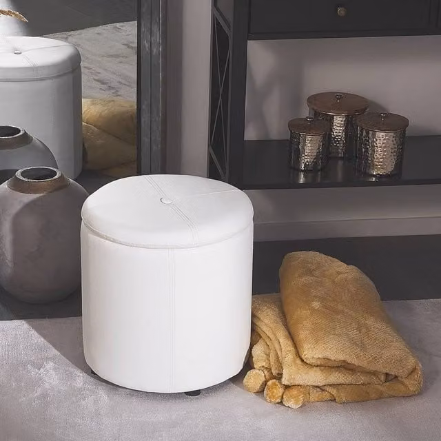 Wyld and Coco Glamour White Faux Leather Storage Pouffe W/D/H: 40 x 40 x 38 cm – 1