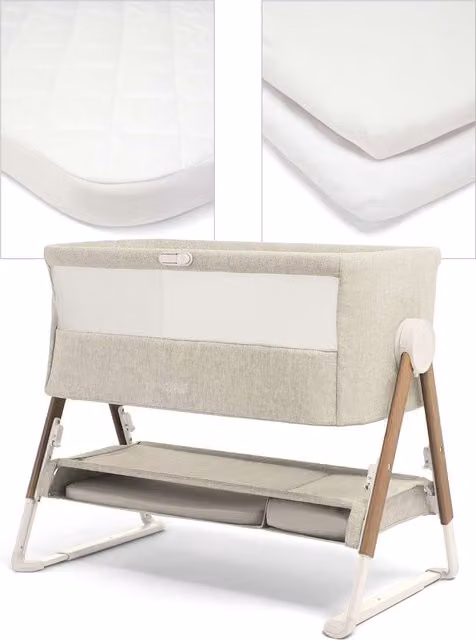 Mamas & Papas Lua Bedside Crib with Sheet and Mattress Protector Bundle in Fawn and White