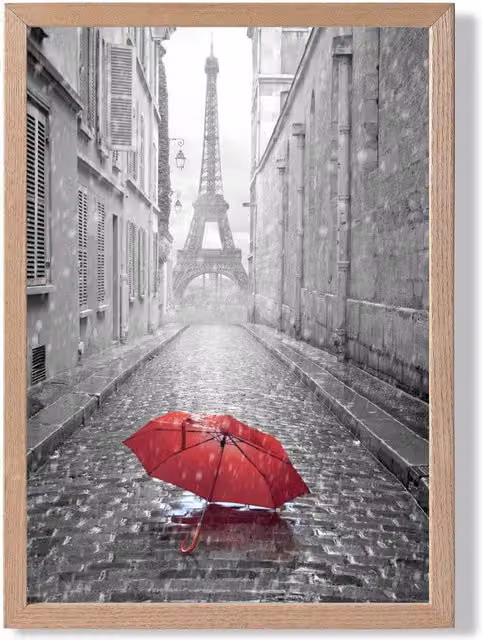 ARTZE Red Umbrella in Paris with Eiffel Tower Framed Photograph Print, Black Oak Frame – 1