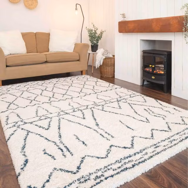 The Rug House Boho Moroccan Linear Shaggy Living Area Rug in Beige and White, W: 290 cm, D: 200 cm
