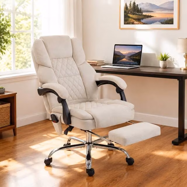 STILVORA Beige Velvet Executive Office Chair with Headrest and Armrests