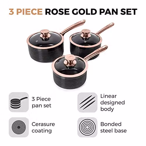 Tower 3 Piece Ceramic Non Stick Saucepan Set with Lids, Black and Gold – 2
