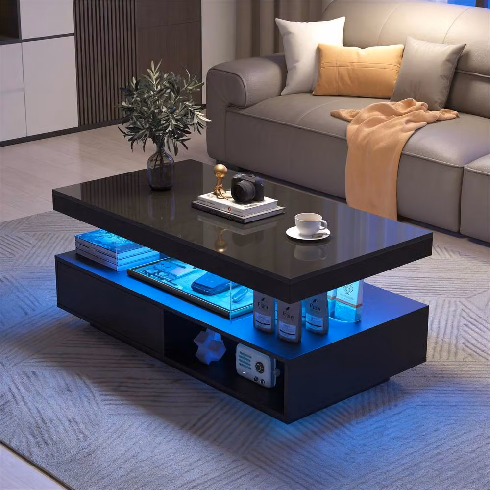 BTM Modern High Gloss LED Coffee Table with 2 Drawers in Black – 3