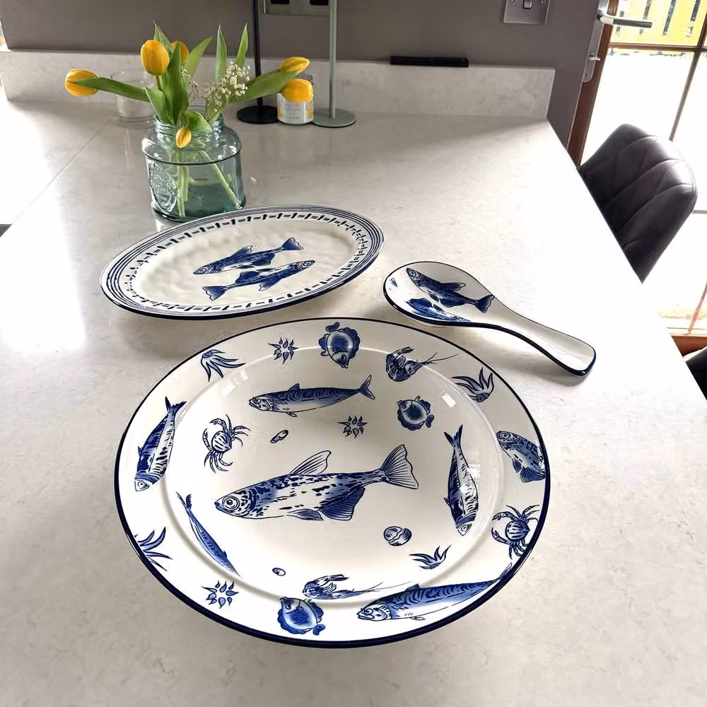 Verano Spanish Ceramics Ocean Fish Ceramic Oval Serving Platter in Blue and White, W: 39 cm, D: 26 cm, H: 3.5 cm – 5