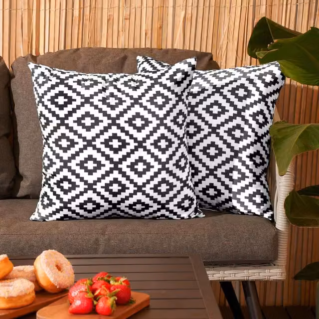 Brentfords Pack of 2 Modern Square Outdoor Geometric Filled Cushions in Black and Grey