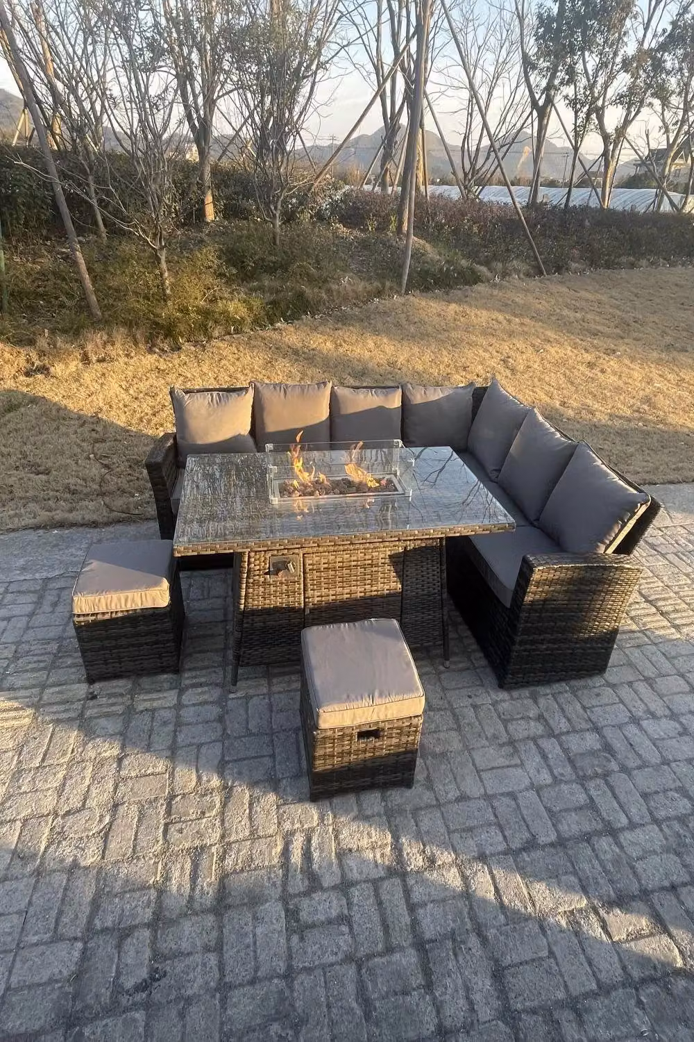 Fimous 8 Seater Rattan Dining Set with Gas Fire Pit Table, High Back Sofas and Footstools in Dark Grey – 2