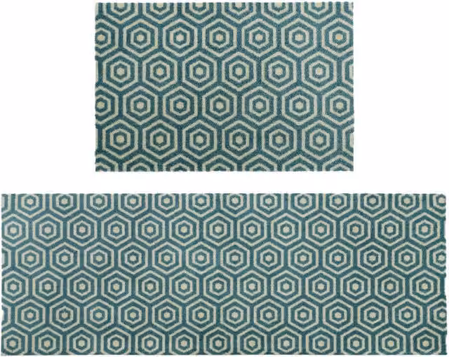 JVL Geo Hex Mega Mat and Runner Set in Petrol Teal, Non-Slip and Washable Polyamide
