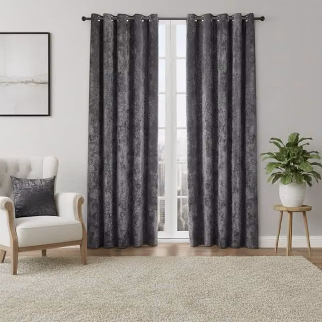 Snug City Grey Crushed Velvet Eyelet Curtains, Thermal Insulating and Opaque, Width: 117 cm, Drop: 183 cm
