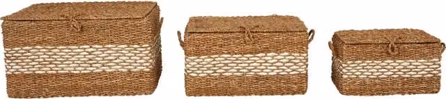 Orsina Lidi Set of Three Open Weave Seagrass Baskets with Lids and Handles in Beige