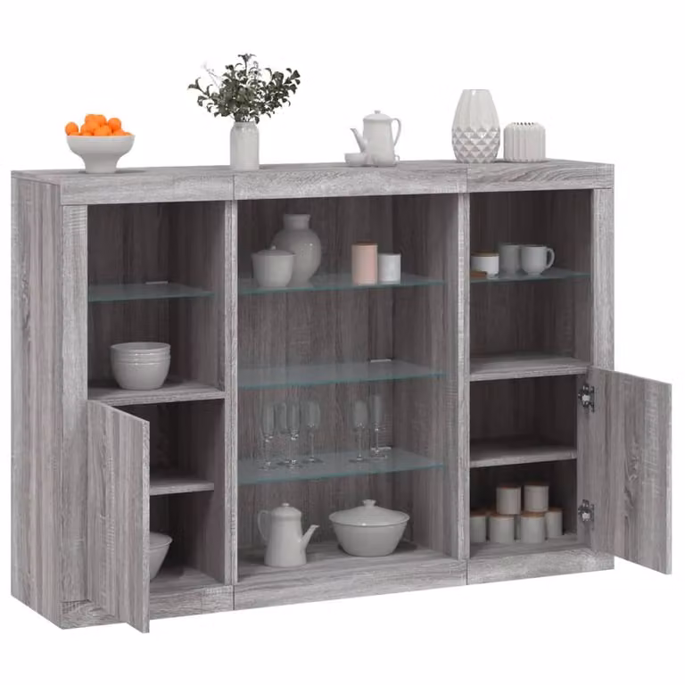 Berkfield Home Set of 3 Modern Grey Sonoma Sideboards with Integrated LED Lighting and Matt MDF Finish
