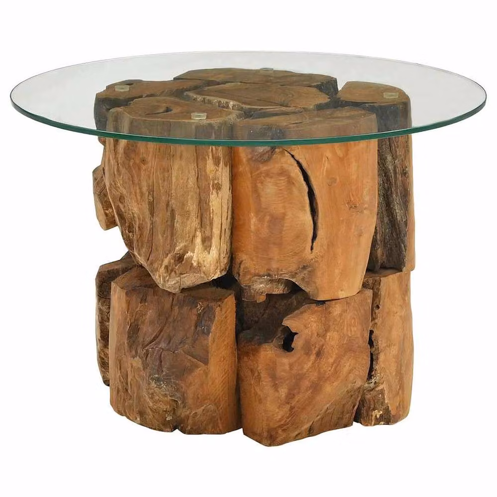 Berkfield Home Round Solid Teak and Glass Coffee Table with Live Edge in Brown, W: 60 cm, D: 60 cm, H: 40 cm – 2