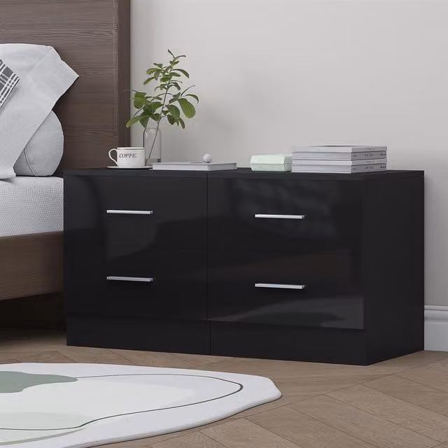 Reflect 2 Drawer Bedside Table Set of 2 in Black Gloss and Black Oak, H 48.5 cm x W 90 cm x D 39.5 cm