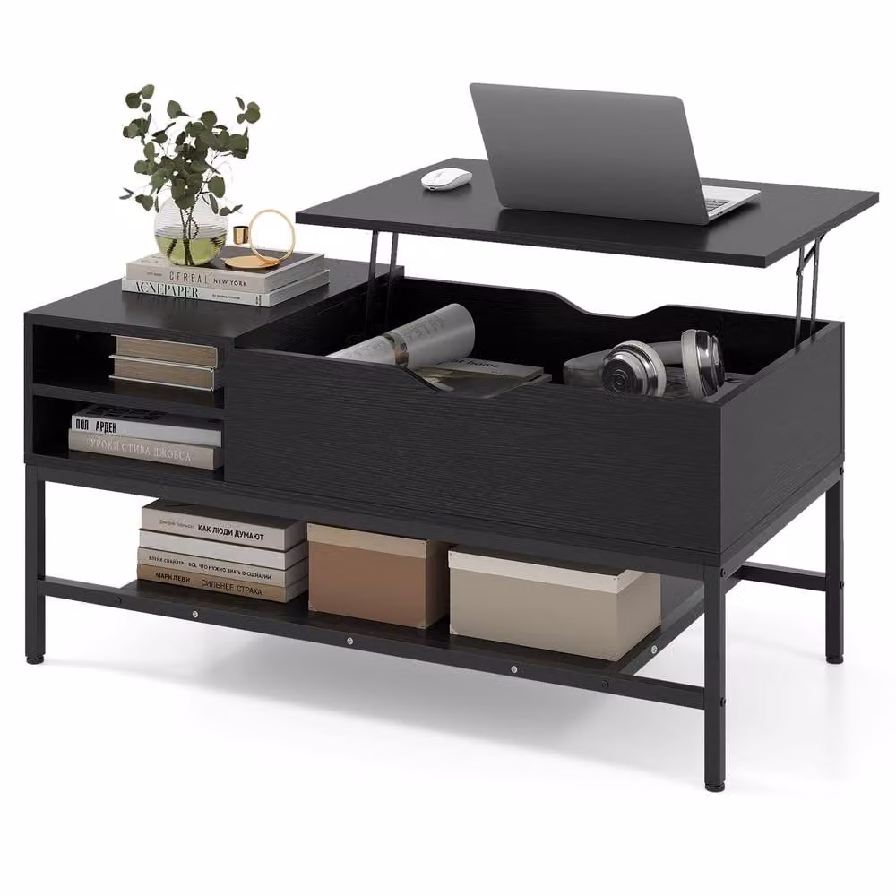 Costway Modern Rectangular Lift Top Coffee Table with Storage Shelf in Black – 5
