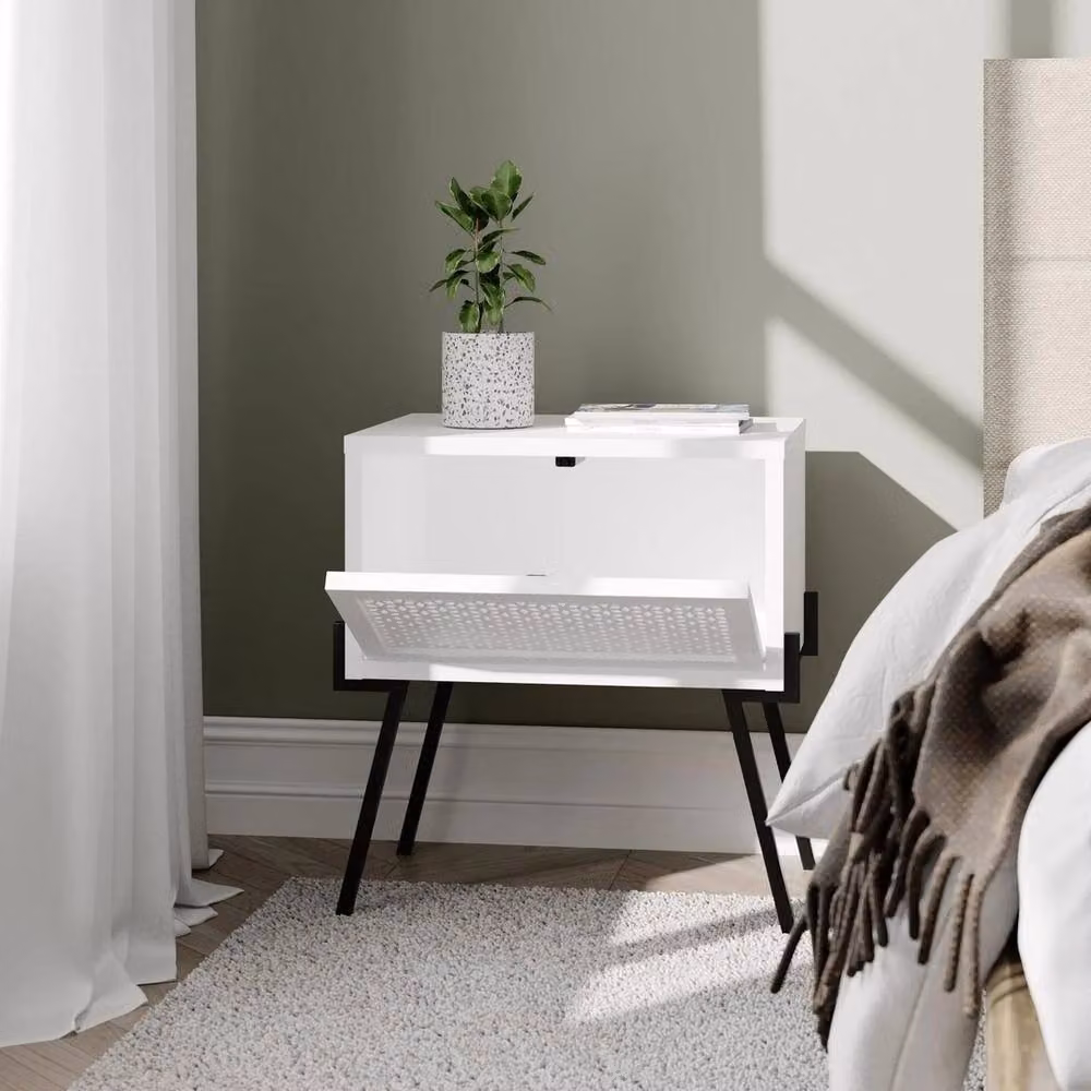 VOGREX White 1 Door Bedside Cabinet with Black Metal Legs – 2