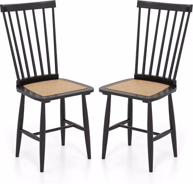Costway Set of 2 Windsor Dining Chairs in Black with Rattan and Rubberwood