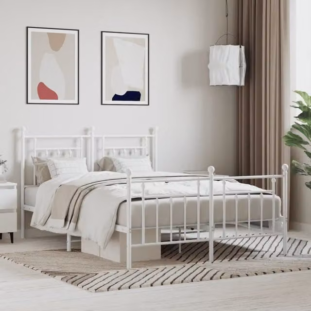 Berkfield Home Metal Bed Frame with Headboard and Footboard in White, W 140 cm x D 200 cm