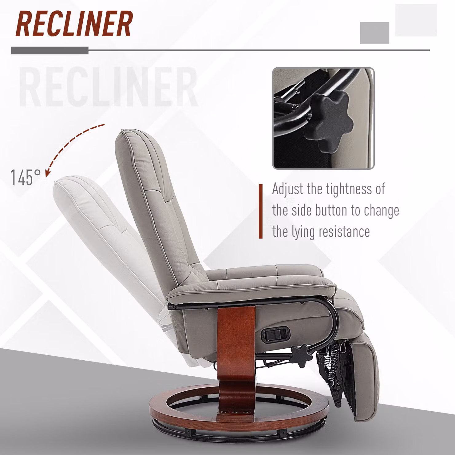 HOMCOM Grey Faux Leather Manual Recliner Armchair with 360 Degree Swivel and Solid Wood Frame – 4