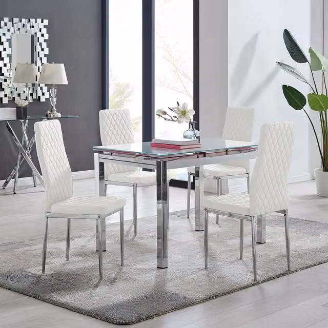 FurnitureboxUK Enna White Glass Extending Modern Rectangular Kitchen Dining Table and 4 Milan Chairs