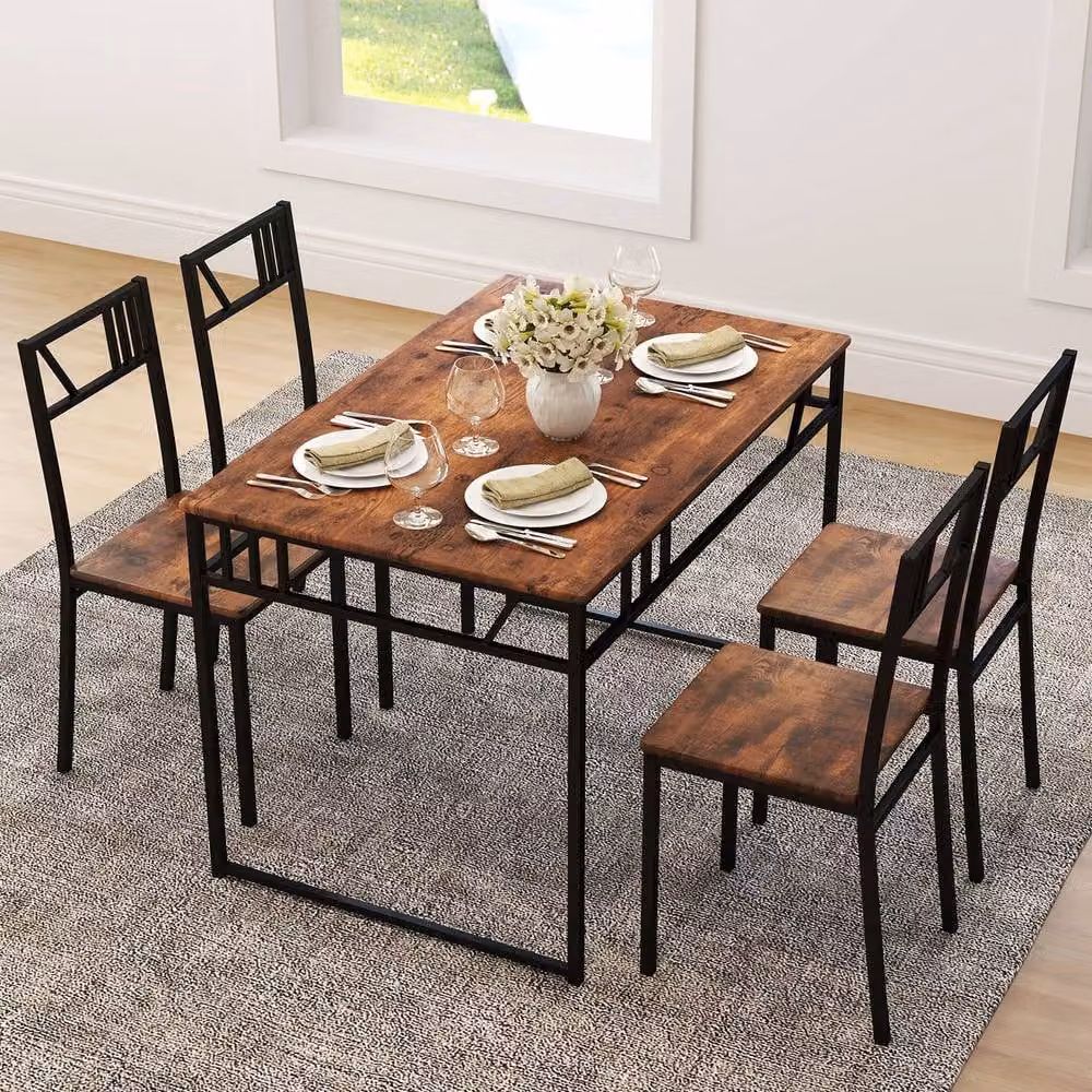 Costway 5 Piece Industrial Style Dining Table and 4 Chairs Set in Brown – 6