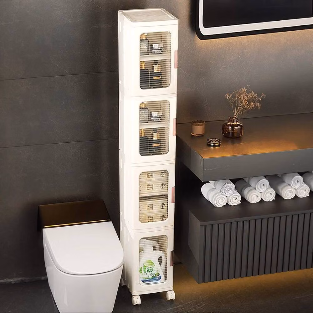 KORVIXA Slim Narrow Foldable Bathroom Cabinet with Glass Doors in White – 3