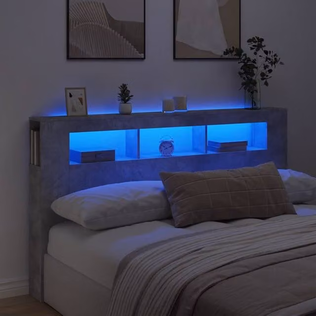 Berkfield Home LED Headboard in Concrete Grey with Integrated Shelf and USB Charging Port, W/D/H: 180 x 18.5 x 103.5 cm