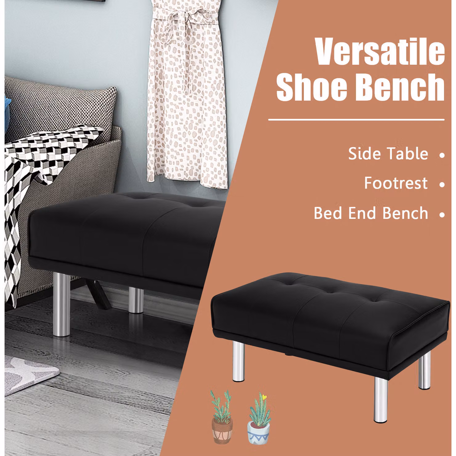 Costway Upholstered Mid-Century Shoe Bench in Black with Synthetic Leather and Metal Frame – 2