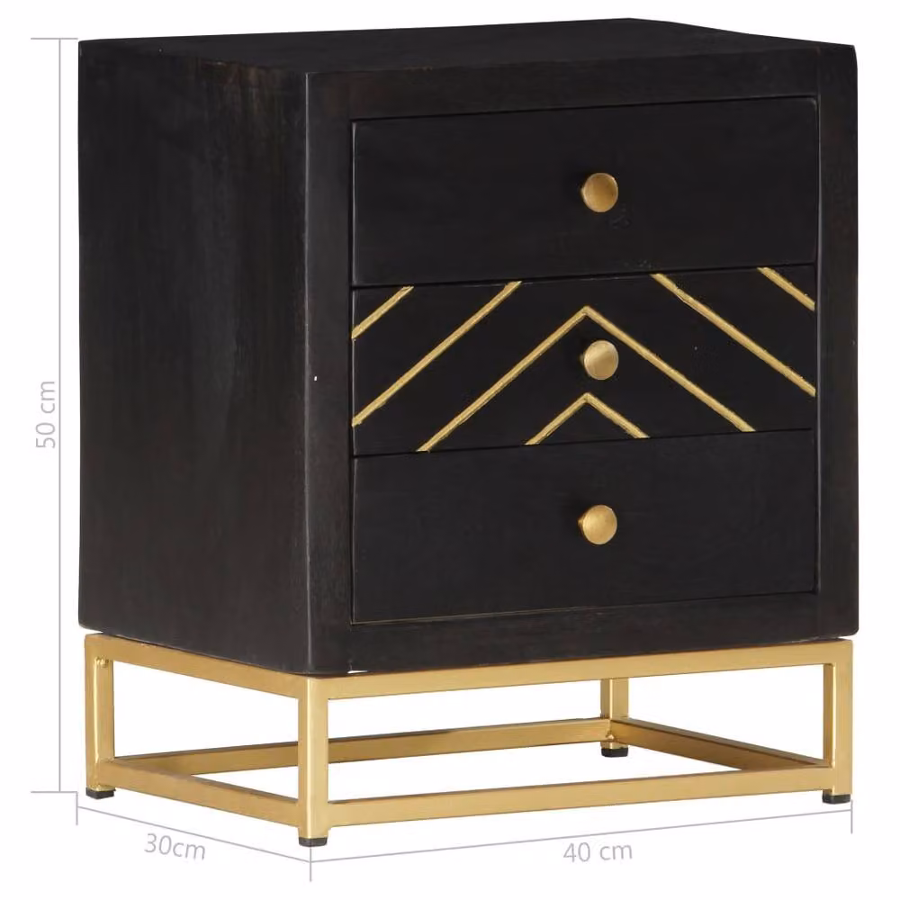 Berkfield Home Black and Gold Solid Mango Wood Bedside Cabinet W/D/H: 40 x 30 x 50 cm – 4
