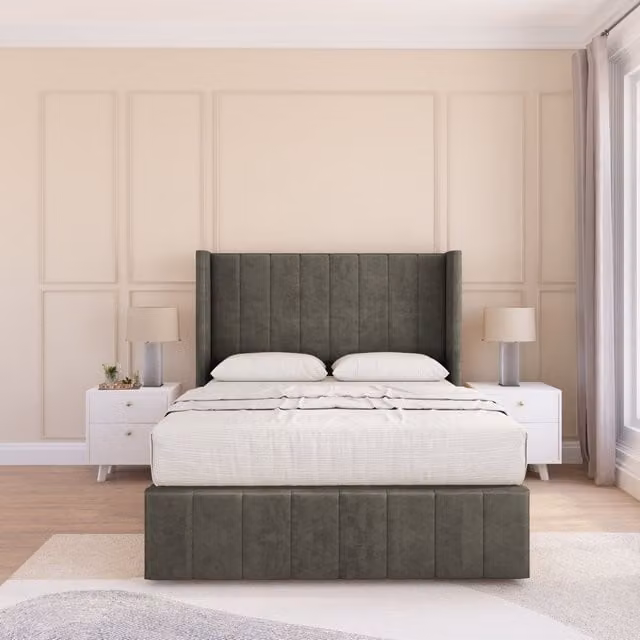 Sloomy Melbourne Dumfries Wingback Bed Set in Dark Grey Velvet, Small Double, W/D/H: 120 x 200 cm